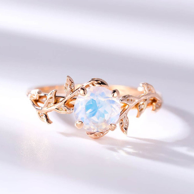14K Rose Gold Leaf Flower Round Cut Moonstone แหวนแต่งงานแหวนหมั้น