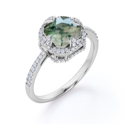 Halo Bezel Cluster Asscher Cut Opaque Milky Moss Green Agate และ Moissanite Pave แหวนหมั้น