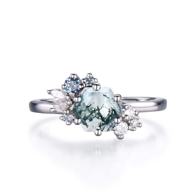 Hexagon Cut Natural Moiss Agate Vintage Unique Moissanite Bridal Ring For Art Deco