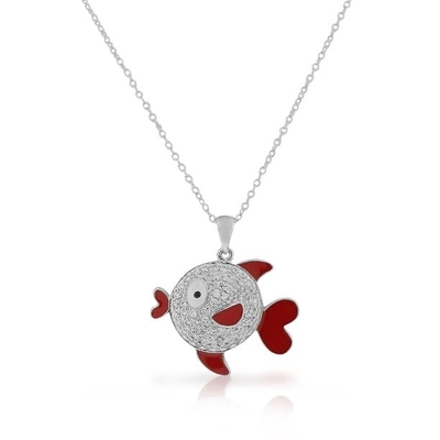 Sea Life Red Enamel White Clear CZ สร้อยคอจี้ปลาเงินแท้ 925