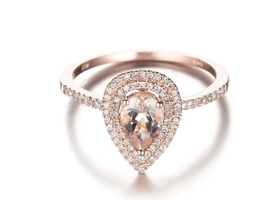 แหวนหมั้น Morganite Double Halo ขนาด 6 × 9 มม. 0.79 กะรัต น้ำหนัก ODM