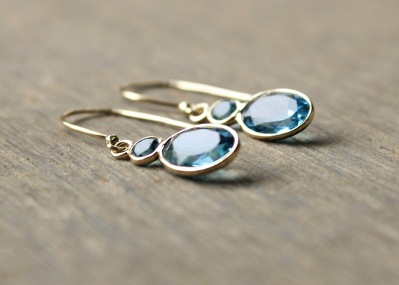 เครื่องประดับทองคำแท้ 14k แฮนด์เมด, ต่างหูทองคำขาวธรรมชาติ 14k พลอยบุษราคัม