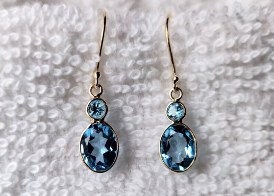 เครื่องประดับทองคำแท้ 14k แฮนด์เมด, ต่างหูทองคำขาวธรรมชาติ 14k พลอยบุษราคัม
