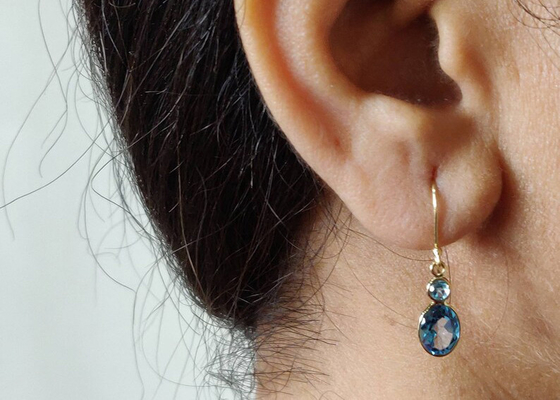 เครื่องประดับทองคำแท้ 14k แฮนด์เมด, ต่างหูทองคำขาวธรรมชาติ 14k พลอยบุษราคัม