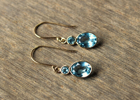 เครื่องประดับทองคำแท้ 14k แฮนด์เมด, ต่างหูทองคำขาวธรรมชาติ 14k พลอยบุษราคัม