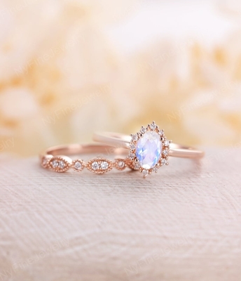 ชุดแหวนมูนสโตนธรรมชาติสีน้ำเงินกุหลาบ 14K ซ้อนแหวนมูนสโตน