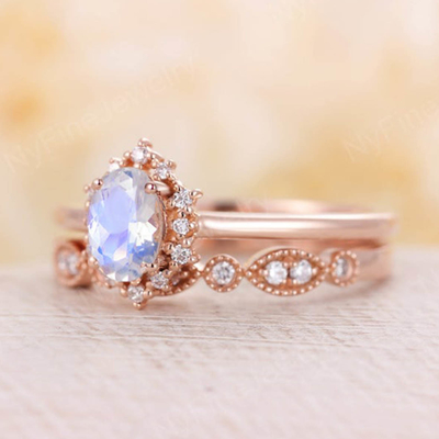 ชุดแหวนมูนสโตนธรรมชาติสีน้ำเงินกุหลาบ 14K ซ้อนแหวนมูนสโตน