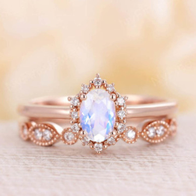 ชุดแหวนมูนสโตนธรรมชาติสีน้ำเงินกุหลาบ 14K ซ้อนแหวนมูนสโตน