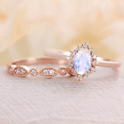ชุดแหวนมูนสโตนธรรมชาติสีน้ำเงินกุหลาบ 14K ซ้อนแหวนมูนสโตน