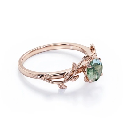 ธรรมชาติแรงบันดาลใจจากธรรมชาติสีเขียว Moss Agate Solitaire แหวนหมั้น Forest Ring