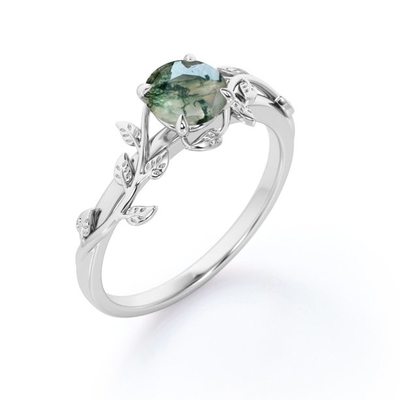 ธรรมชาติแรงบันดาลใจจากธรรมชาติสีเขียว Moss Agate Solitaire แหวนหมั้น Forest Ring
