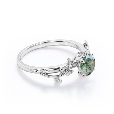 ธรรมชาติแรงบันดาลใจจากธรรมชาติสีเขียว Moss Agate Solitaire แหวนหมั้น Forest Ring