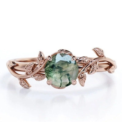 ธรรมชาติแรงบันดาลใจจากธรรมชาติสีเขียว Moss Agate Solitaire แหวนหมั้น Forest Ring