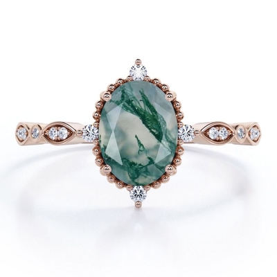 วงรี Natural Green Moss Agate Artsy Alternative Ring -Handmade Wedding Ring