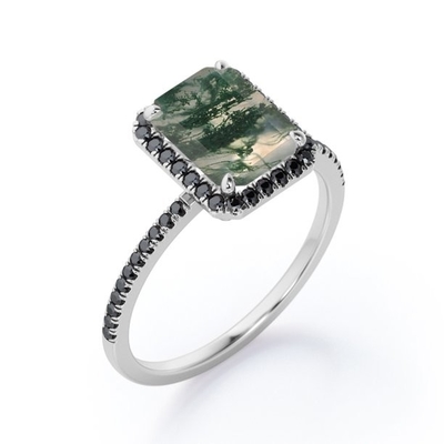 Emerald Cut Moss Green Agate สไตล์ Halo พร้อม Lab สร้างแหวนหมั้นเพชรสีดำพร้อมการเน้นปู
