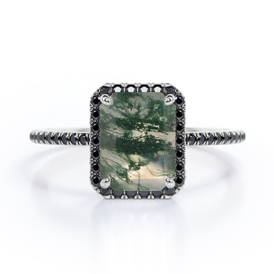 Emerald Cut Moss Green Agate สไตล์ Halo พร้อม Lab สร้างแหวนหมั้นเพชรสีดำพร้อมการเน้นปู