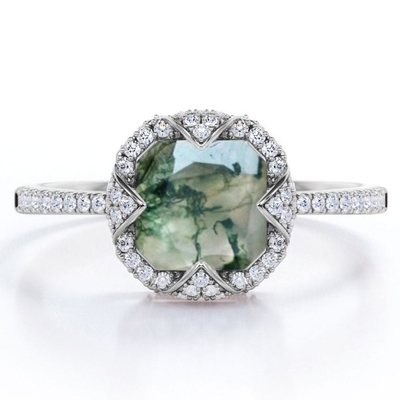 Halo Bezel Cluster Asscher Cut Opaque Milky Moss Green Agate และ Moissanite Pave แหวนหมั้น