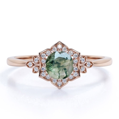 ดีไซน์วินเทจ 4 แฉกทรงกลมสีขาวขุ่น Druzy Moss Green Agate และ Moissanite Floral Cluster Engagement Ring