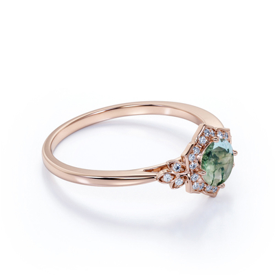 ดีไซน์วินเทจ 4 แฉกทรงกลมสีขาวขุ่น Druzy Moss Green Agate และ Moissanite Floral Cluster Engagement Ring