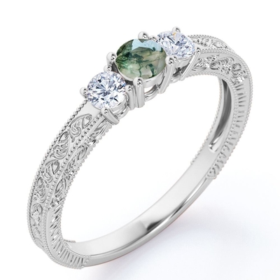 Round Brilliant Cut Natural Moss Green Agate and Moissanite - Carved Filigree Milgrain Engagement Ring