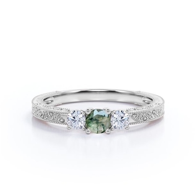 Round Brilliant Cut Natural Moss Green Agate and Moissanite - Carved Filigree Milgrain Engagement Ring