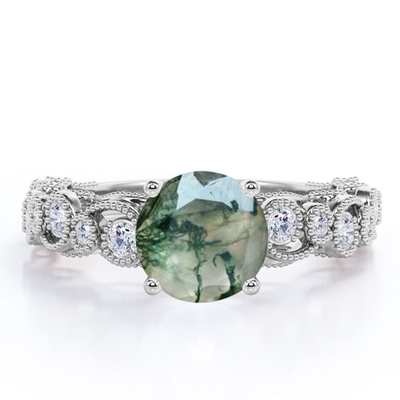 Milgrain Filigree Flush Round ของแท้ Druzy Moss Green Agate และ Moissanite 4 Prong แหวนหมั้นสไตล์โบราณ