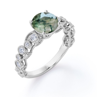 Milgrain Filigree Flush Round ของแท้ Druzy Moss Green Agate และ Moissanite 4 Prong แหวนหมั้นสไตล์โบราณ