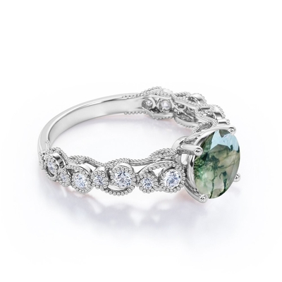 Milgrain Filigree Flush Round ของแท้ Druzy Moss Green Agate และ Moissanite 4 Prong แหวนหมั้นสไตล์โบราณ