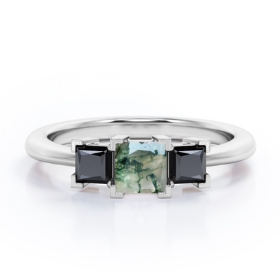 Minimalist Square V-Prong - 0.45 TCW Princess Cut Moss Green Agate with Lab Create Black Diamond - Three-Stone Engageme