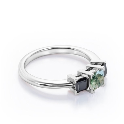 Minimalist Square V-Prong - 0.45 TCW Princess Cut Moss Green Agate with Lab Create Black Diamond - Three-Stone Engageme