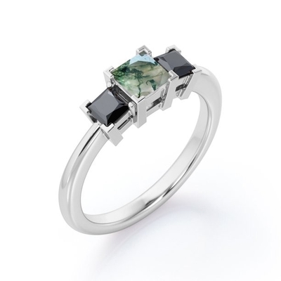 Minimalist Square V-Prong - 0.45 TCW Princess Cut Moss Green Agate with Lab Create Black Diamond - Three-Stone Engageme
