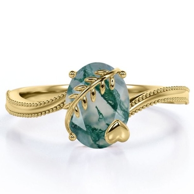 Natural Moss Agate Gemstone แหวนเงินแท้ 925 สำหรับผู้หญิง Kite Cut Women's Ring
