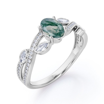 Classic 7 Stone 1.1 carat Oval Cut Moss Green Agate and Diamond Plain Shank Wedding Ring in White Gold