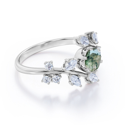 Filigree Chevron Tiara 0.6 กะรัต Round Cut Moss Green Agate and Diamond Wedding Ring Set in Rose Gold