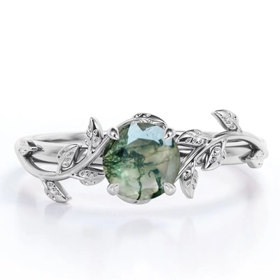 Classic 7 Stone 1.1 carat Oval Cut Moss Green Agate and Diamond Plain Shank Wedding Ring in White Gold