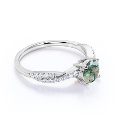 Filigree Chevron Tiara 0.6 กะรัต Round Cut Moss Green Agate and Diamond Wedding Ring Set in Rose Gold