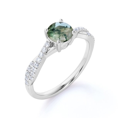 Classic 7 Stone 1.1 carat Oval Cut Moss Green Agate and Diamond Plain Shank Wedding Ring in White Gold