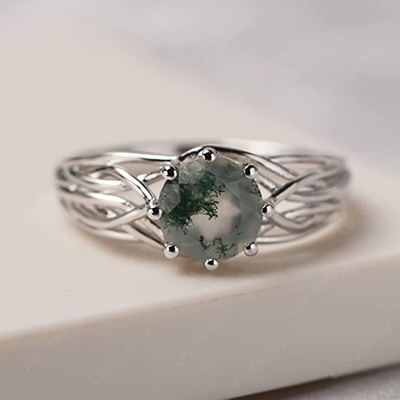 Classic 7 Stone 1.1 carat Oval Cut Moss Green Agate and Diamond Plain Shank Wedding Ring in White Gold