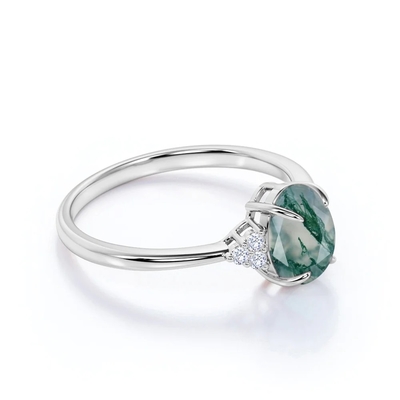 Classic 7 Stone 1.1 carat Oval Cut Moss Green Agate and Diamond Plain Shank Wedding Ring in White Gold