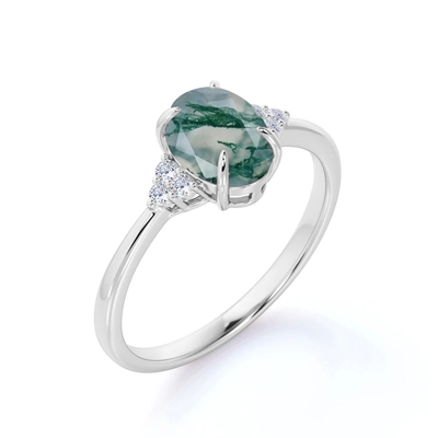 Classic 7 Stone 1.1 carat Oval Cut Moss Green Agate and Diamond Plain Shank Wedding Ring in White Gold