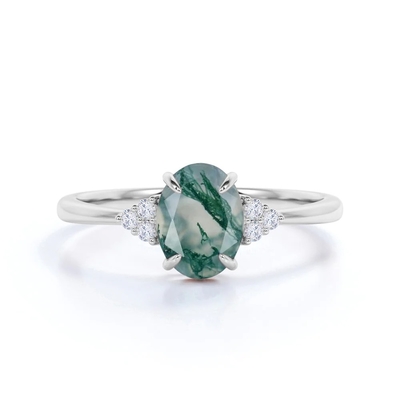 Classic 7 Stone 1.1 carat Oval Cut Moss Green Agate and Diamond Plain Shank Wedding Ring in White Gold