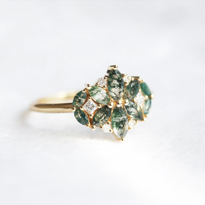 Gem's Beauty ของขวัญคริสต์มาสสำหรับเธอ 0.63CT รูปทรงสี่เหลี่ยม Natural Moss Agate There Stone แหวนหมั้นในเงินแท้ 925