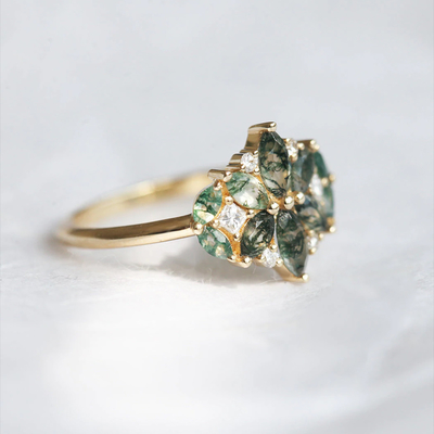 Kite Shape Stone Natural Moss Agate แหวนหมั้น Vintage Art Deco Gift Love