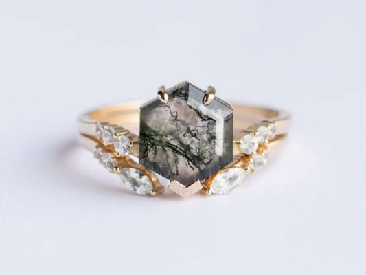 Kite Shape Stone Natural Moss Agate แหวนหมั้น Vintage Art Deco Gift Love