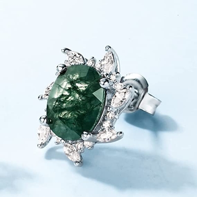 ต่างหูสำหรับผู้หญิง, Natural Moss Agate 925 Sterling Silver Stud Earrings For Women Green Gems เครื่องประดับหมั้นงานแต่งงาน