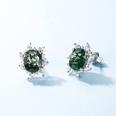 ต่างหูสำหรับผู้หญิง, Natural Moss Agate 925 Sterling Silver Stud Earrings For Women Green Gems เครื่องประดับหมั้นงานแต่งงาน
