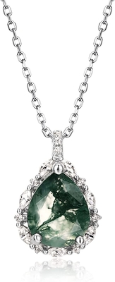 Natural Moss Agate 925 สร้อยคอจี้เงินสำหรับวันเกิดอัญมณีสีเขียวหมั้นเครื่องประดับงานแต่งงานของขวัญ