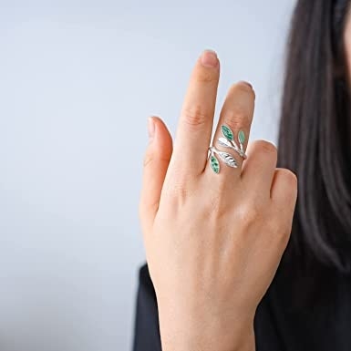 925 เงินสเตอร์ลิง Marquise รูปร่างหยก Aventurine เปิดแหวนใบมะกอกแหวนเครื่องประดับทำด้วยมือของขวัญที่ไม่ซ้ำกันสำหรับ Wo