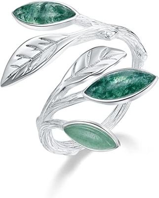 925 เงินสเตอร์ลิง Marquise รูปร่างหยก Aventurine เปิดแหวนใบมะกอกแหวนเครื่องประดับทำด้วยมือของขวัญที่ไม่ซ้ำกันสำหรับ Wo