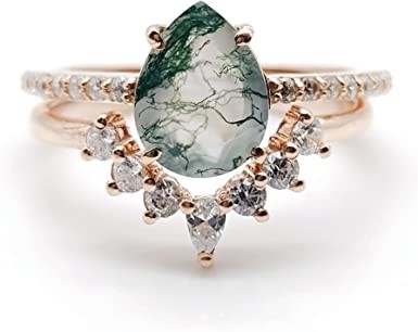 Moss Agate Emerald Ring Set , ครบรอบเครื่องประดับของขวัญสัญญาแหวนแต่งงาน
